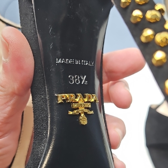 Prada Black Suede T-Strap Heels with Gold Studs W Box, Dustbag, Spare Tips 38.5 - Picture 9 of 12
